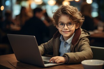 A young boy with curly blonde hair is sitting at a table. He wears glasses and a navy blue suit jacket over a white button-down shirt. He is typing on a silver laptop