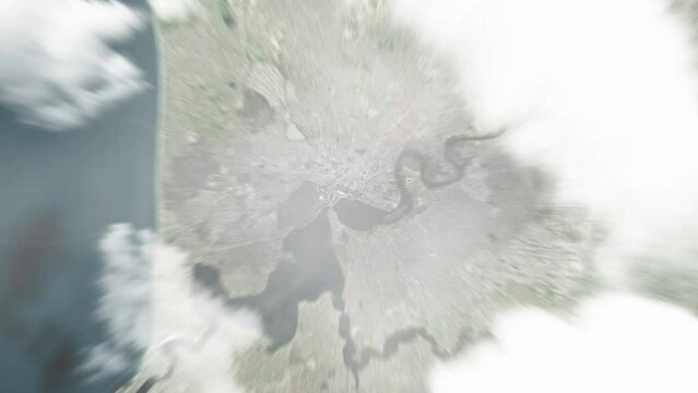 Earth zoom in from space to Perth, Australia. Followed by zoom out through clouds and atmosphere into space. Satellite view. Travel intro. Images from NASA