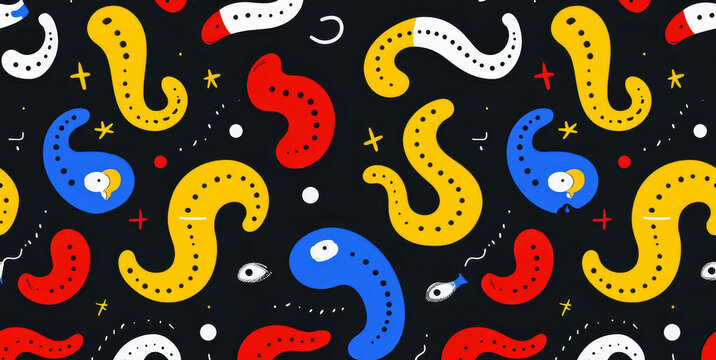 a picture of a black background with a pattern of different colored snakes and stars on the top of the image.