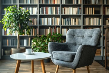 Comfortable grey armchair and coffee table in a cozy room adorned with bookshelves and a potted plant, reflecting Scandinavian style living - obrazy, fototapety, plakaty