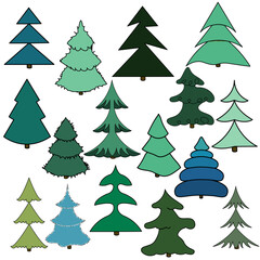 Collection of Christmas trees, modern flat design. Can be used for printed materials - leaflets, posters, business cards or for web.