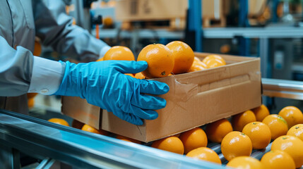 Orange fruit in packing line production industry factory.