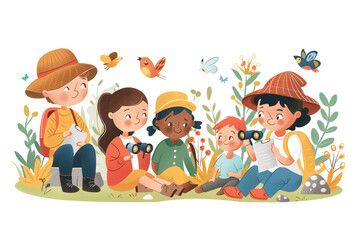 Diverse Group of Kids Engaged in Birdwatching Together