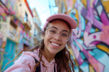 Happy Young Woman Taking Selfie on City Street