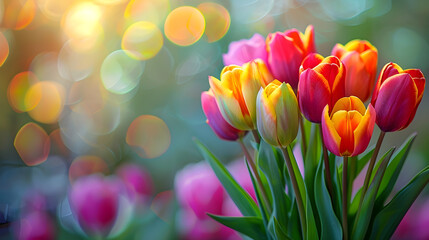 Bouquet of multicolored tulips on a beautiful blurred background, suitable for celebrations and as a gift.