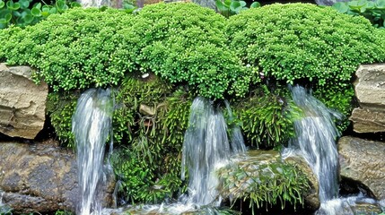 a close up of a small waterfall with green plants growing on top of it and water running down the side of the waterfall.