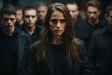 Fototapeta premium A woman confidently stands in front of a diverse group of men, engaging in conversation or leadership.