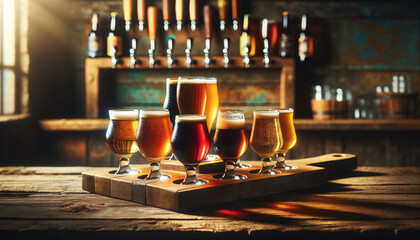 a wooden tray topped with lots of glasses of beer - obrazy, fototapety, plakaty