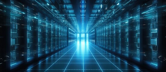 A depiction of a spacious corridor housing numerous servers organized neatly in rows within a data center environment