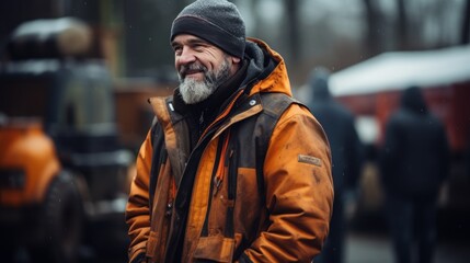 Obraz premium Senior junk yard worker operating machinery at the scrapyard with copy space available