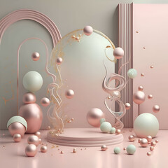 stunning 3D render futuristic background in pale pink-pistachio colors for branding and advertisment fashion or cosmetic product. Digital art work, ai generated - 764289676