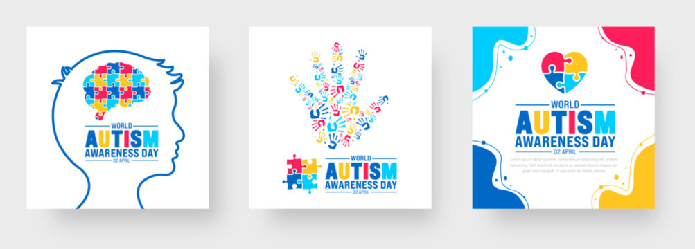2 April world Autism Awareness Day social media post banner design set. Autism Awareness Day banner bundle with puzzle piece, child hand, awareness ribbon, love icon, child girl and boy vector design.