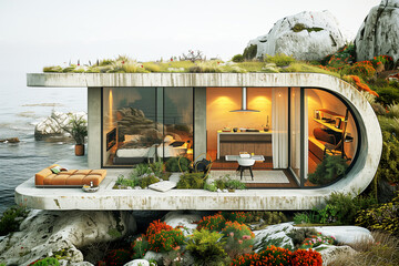 Cozy 3D rendering of a small  eco-friendly cottage on the sea shore blended with the environment