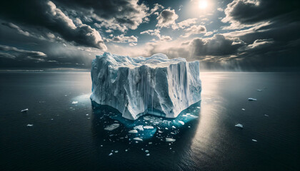 an iceberg floating in the ocean under a cloudy sky
