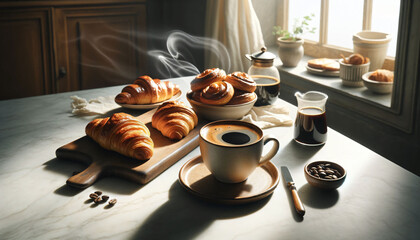 a table topped with croissants and a cup of coffee