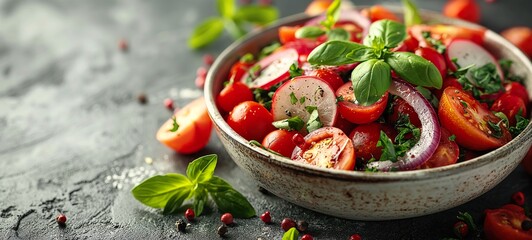 organic salad featuring strawberries, tomatoes, citrus, and mint leaves, highlighting the essence of healthy, fresh food on a lush background - Powered by Adobe