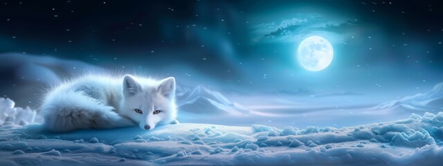 Obraz na płótnie Canvas Cute white baby arctic fox (Vulpes Lagopus) in Arctic. Snow fox in nature habitat. Wildlife action scene from nature. Polar night. Winter landscape with beautiful animal