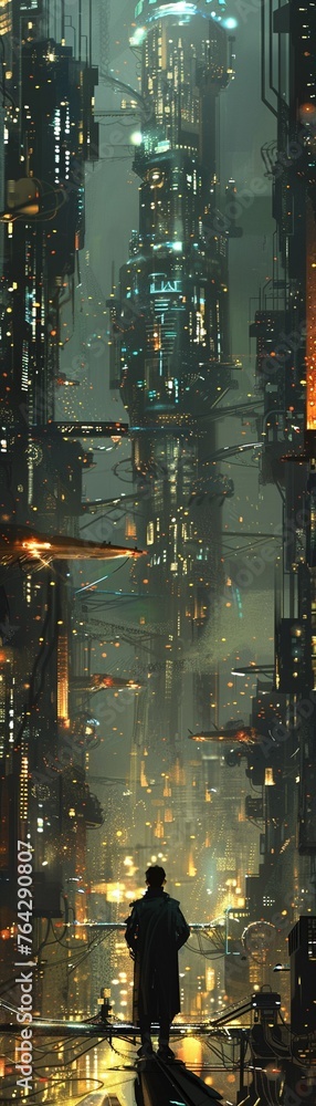 Poster visualize the connection between art and technology in a futuristic setting incorporate intricate de