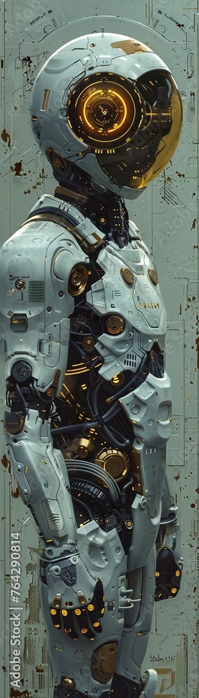 Poster visualize the connection between art and technology in a futuristic setting incorporate intricate de