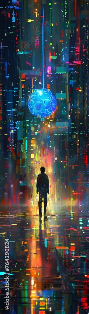 Poster visualize the connection between art and technology in a futuristic setting incorporate intricate de