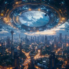 Design a captivating image from a worms-eye view, portraying a futuristic cityscape buzzing with innovative technologies Showcase how human advancement and creativity shape the landscape of the future