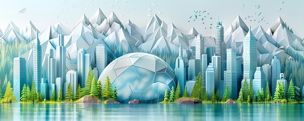 Craft a visually striking die-cut illustration of a personalized weather dome integrated into various landscapes, from bustling cityscapes to serene countrysides, highlighting its adaptability and uni - obrazy, fototapety, plakaty