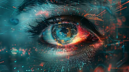 Illustrate the duality of advancement and vulnerability with a unique graphic depicting the societal and personal implications of mind uploading, from an eye-level angle for maximum engagement