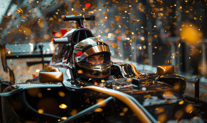 Professional racer celebrating the championship win - flying gold confetti