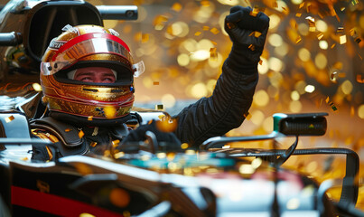 Fototapeta premium Professional racer celebrating the championship win - flying gold confetti