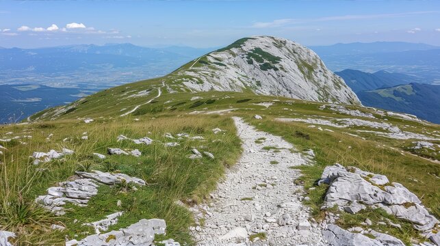 a path leading to the top of a mountain with a view of a valley and a valley in the distance.