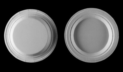 Set white disposable paper plate isolated on black, eco friendly, clipping path - 764291601