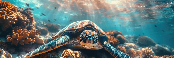 Fensteraufkleber Sea Turtle Swimming in Coral Reef © Landscape Planet