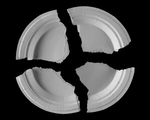 Torn white disposable paper plate isolated on black, eco friendly, clipping path - 764291659