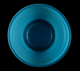 Empty new cyan disposable plastic cup isolated on black, clipping path, top view - 764291661