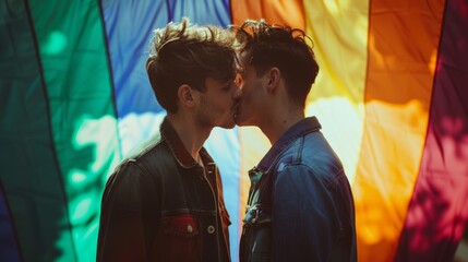two men kissing in front of a Rainbow flag