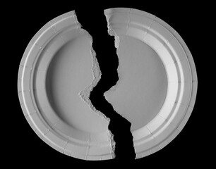 Torn white disposable paper plate isolated on black, eco friendly, clipping path - 764291689