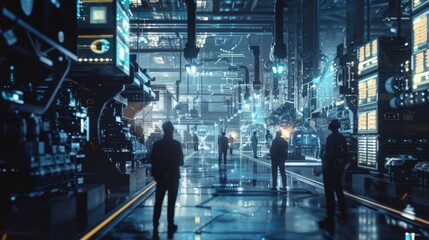 A futuristic technology concept showcasing a team of engineers in a digitalized heavy industry factory, embodying the digital twin and Industry 4.0 innovations - obrazy, fototapety, plakaty