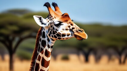 Close-up of a giraffe against a background of green trees and blue sky - obrazy, fototapety, plakaty