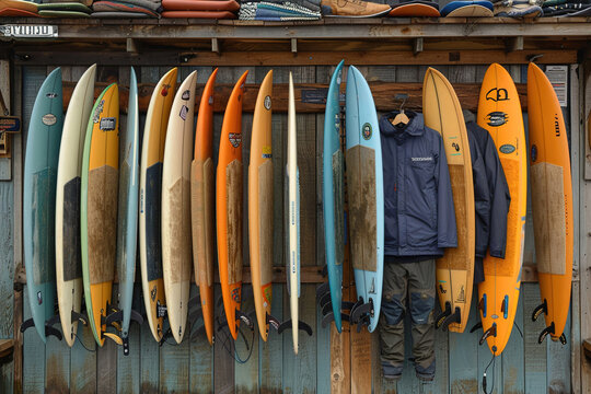 A surf shop display featuring colorful surfboards, trendy wetsuits, and stylish beachwear. - Powered by Adobe