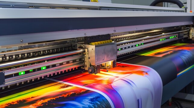 A large-format inkjet printer at work, a key tool in producing banners, posters, and other large printed materials