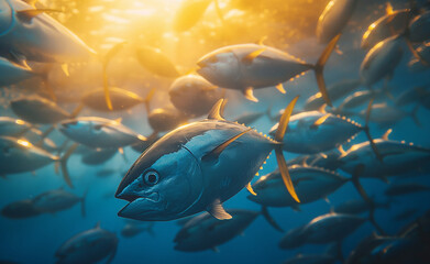 Majestic Bluefin Tuna in Sunlit Waters. Bluefin Majesty: Ocean Symphony in Gold and Silver. 