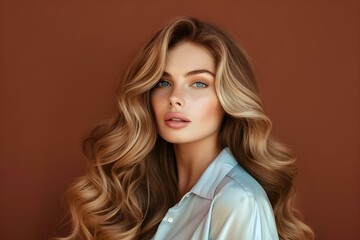 Fototapeta premium Woman With Balayage Hair On Red Background. Concept Portrait Photography, Balayage Hair, Red Background, Studio Session, Hair Styling