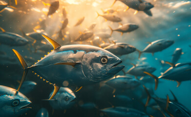 Majestic Bluefin Tuna in Sunlit Waters. Bluefin Majesty: Ocean Symphony in Gold and Silver. 