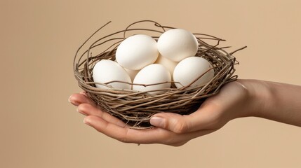 a woman's hand holding a bird's nest filled with white eggs on top of a beige background.