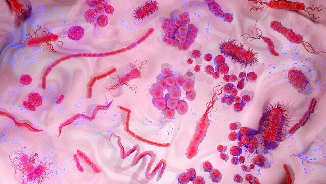 Obelisks (blue) a virus-like entity surrounding different kinds of bacteria in the human gut or mouth. Conceptual illustration.