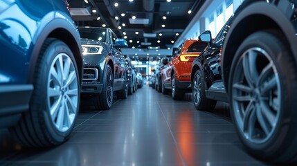 A photo showcasing a lineup of new vehicles in stock, illustrating the abundance and variety in the car industry - obrazy, fototapety, plakaty