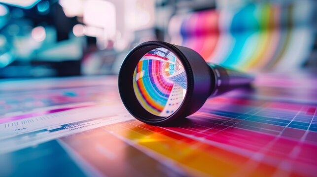 A print loupe resting on an offset printed sheet, with basic color control bars visible, used for quality assurance in the printing industry 