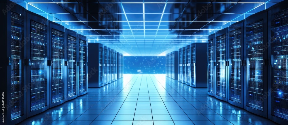 Poster a series of computer servers neatly aligned in a room illuminated by blue lights, creating a futuris