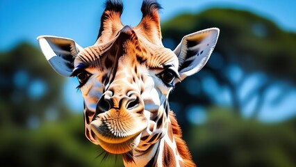 Close-up of a giraffe against a background of green trees and blue sky - obrazy, fototapety, plakaty