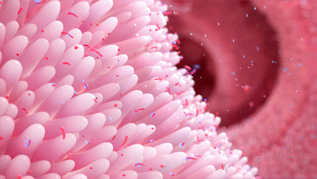 Obelisks, a virus-like entity, here together with bacteria (red) in the human small intestine. An obelisk consists of tiny rings of RNA formed into a rod-shape. 3d conceputal illustration